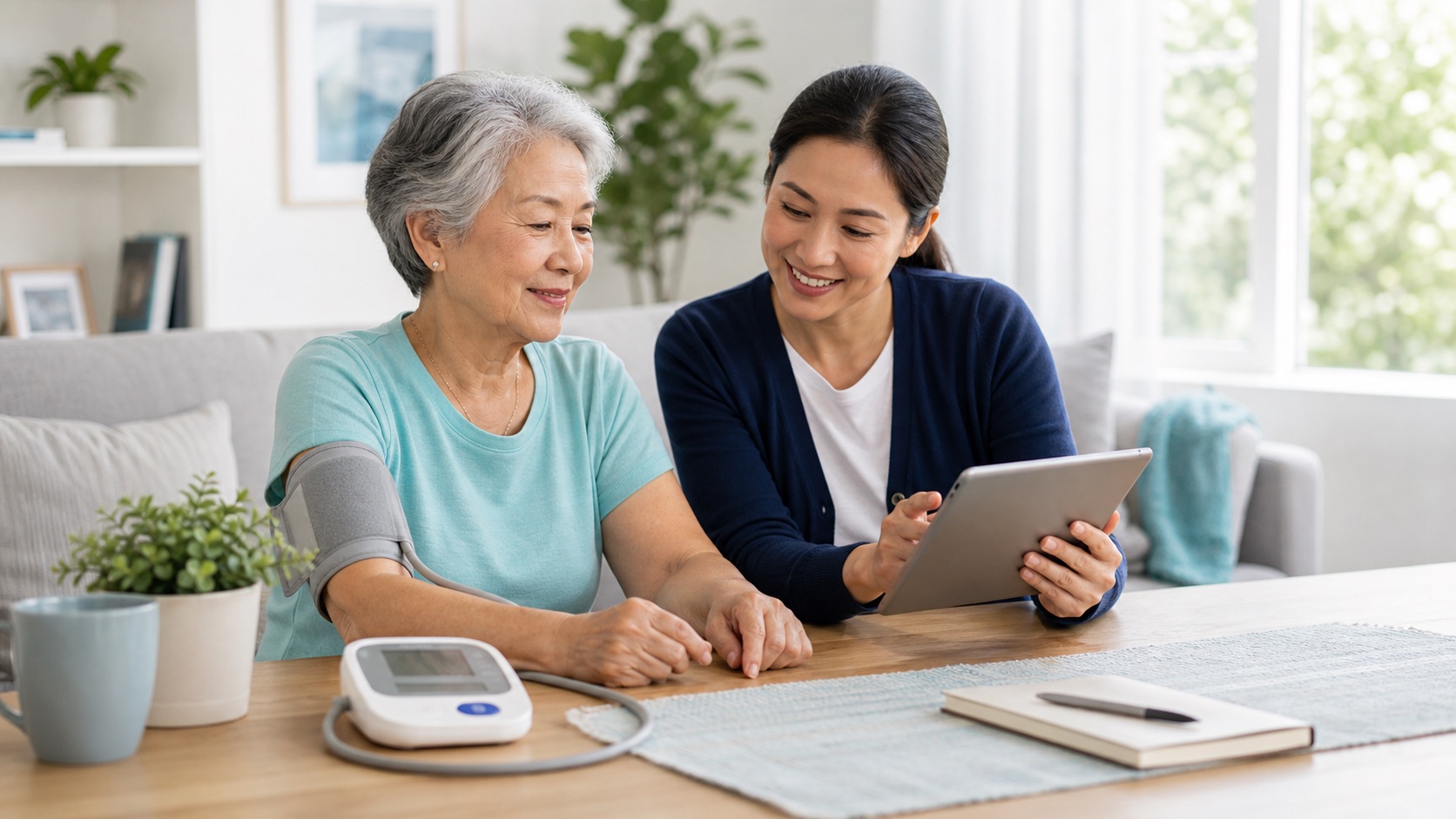 Older adult and caregiver using simple home health monitoring tools