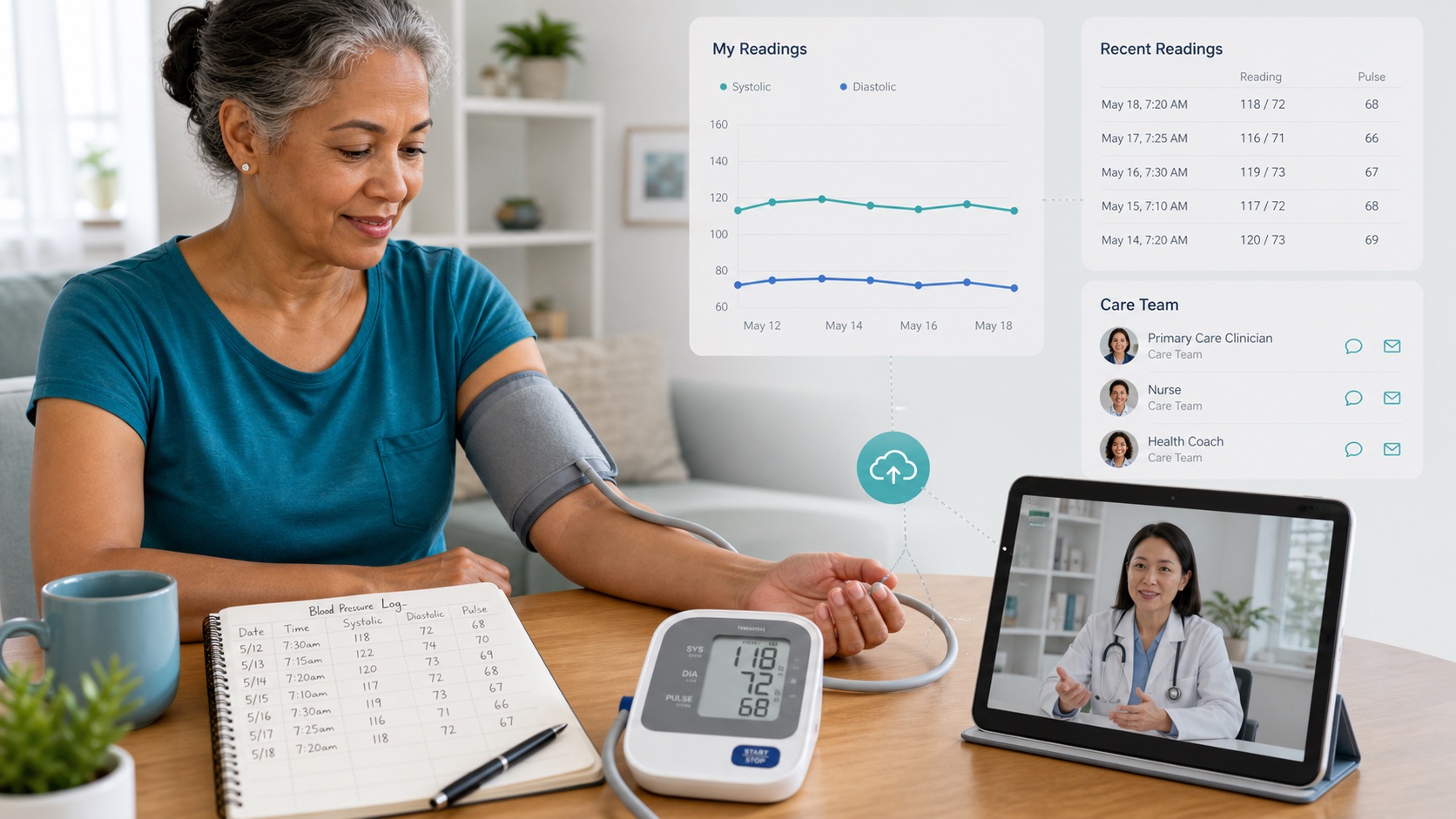 Home blood pressure monitoring workflow with cuff, reading log, and care team dashboard